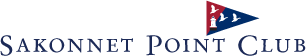 Sakonnet Point Club Logo - Words with Sakonnet Point Club burgee in red and blue with lighthouse and three geese